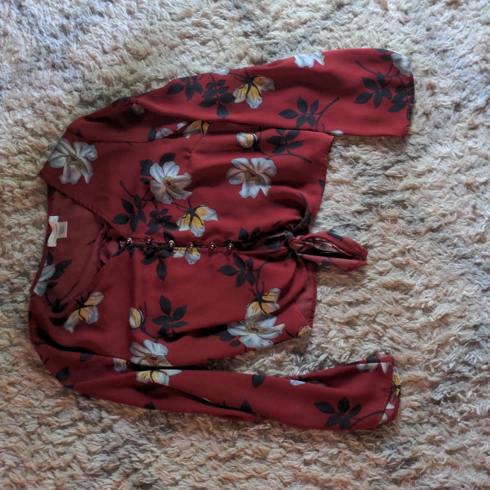 Floral Long Sleeve Crop Top button down red